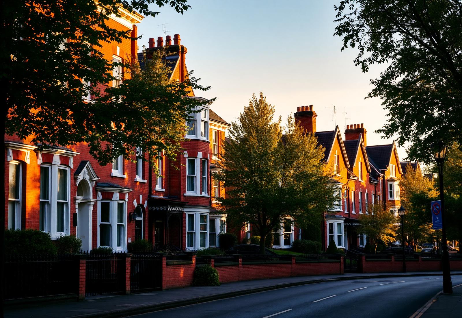 Victorian red-brick townhouses on a Chester street at golden hour
